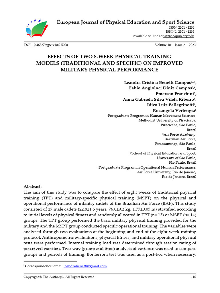 Effects of Two 8-Week Physical Training Models (Traditional and ...