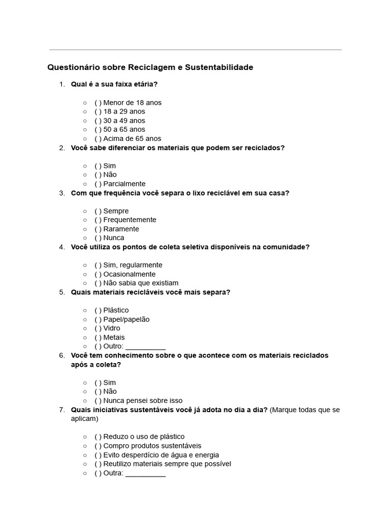 Questionário sobre Reciclagem e Sustentabilidade | PDF