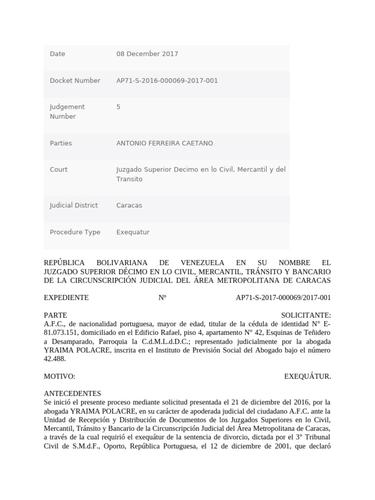 Exequátur de Sentencia de Divorcio | PDF | Divorcio | Justicia