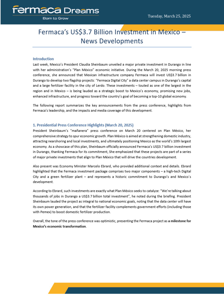 Fermaca's $3.7B Investment in Durango | PDF | Infrastructure | Mexico