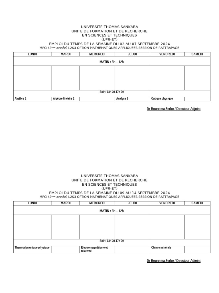 Emploi du temps MPCI Maths Appliquées 2024 PDF Mathématiques — free download