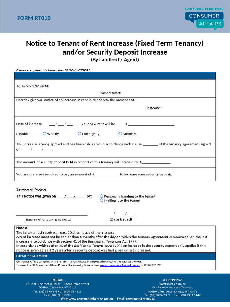 Tenant Rent Increase Notice Form | PDF | Leasehold Estate | Lease