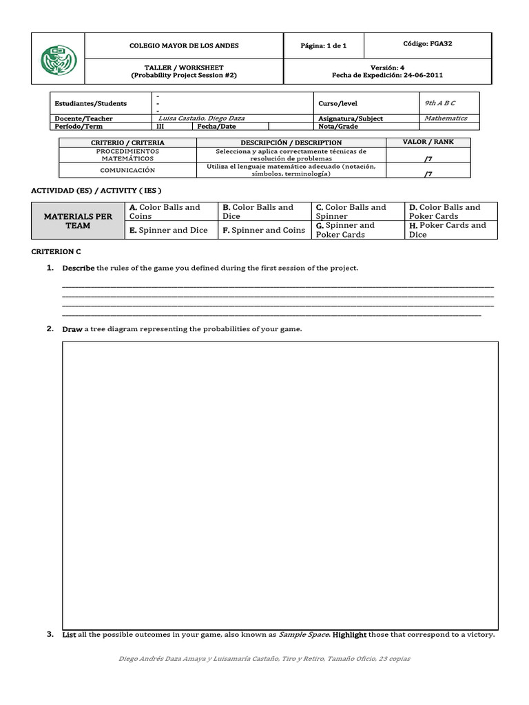 Probability Project Worksheet for 9th Grade | PDF | Applied Mathematics ...