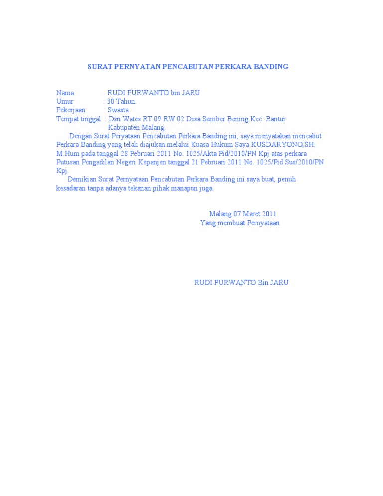 Surat Pernyatan Pencabutan Perkara Banding