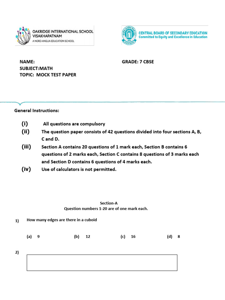 Grade 7 CBSE Math Mock Test Paper | PDF | Triangle | Euclid