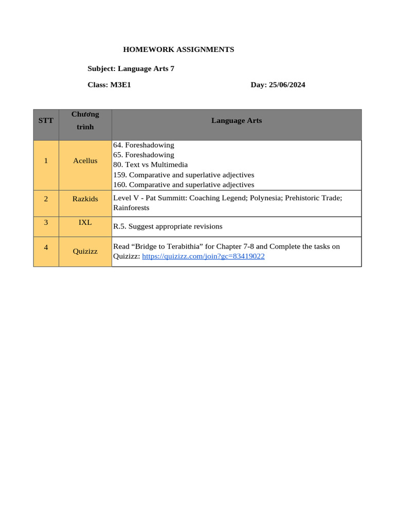 Language Arts 7 Homework Assignments | PDF