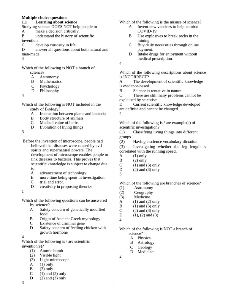Science Multiple Choice Questions Guide | PDF | Science | Experiment