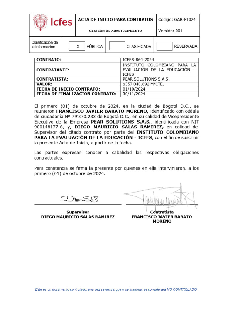 Acta de Inicio Contrato ICFES-864-2024 | PDF