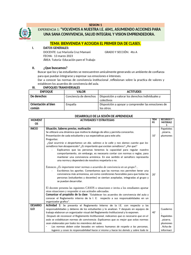 Sesion 1 - 2023 - Inicio - Luz | PDF | Salón de clases | Maestros