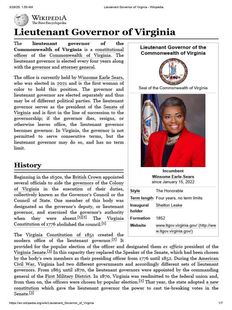 Lieutenant Governor of Virginia - Wikipedia | PDF | Politics Of The ...