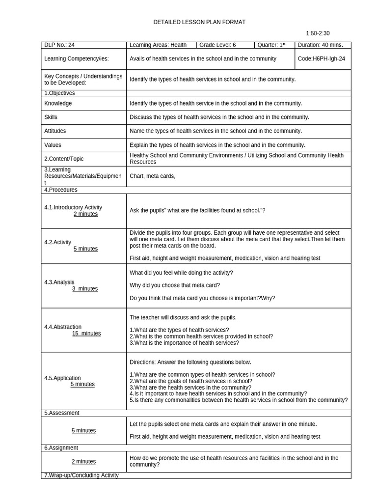 Grade 6 Health Services Lesson Plan | PDF | Lesson Plan | Cognition