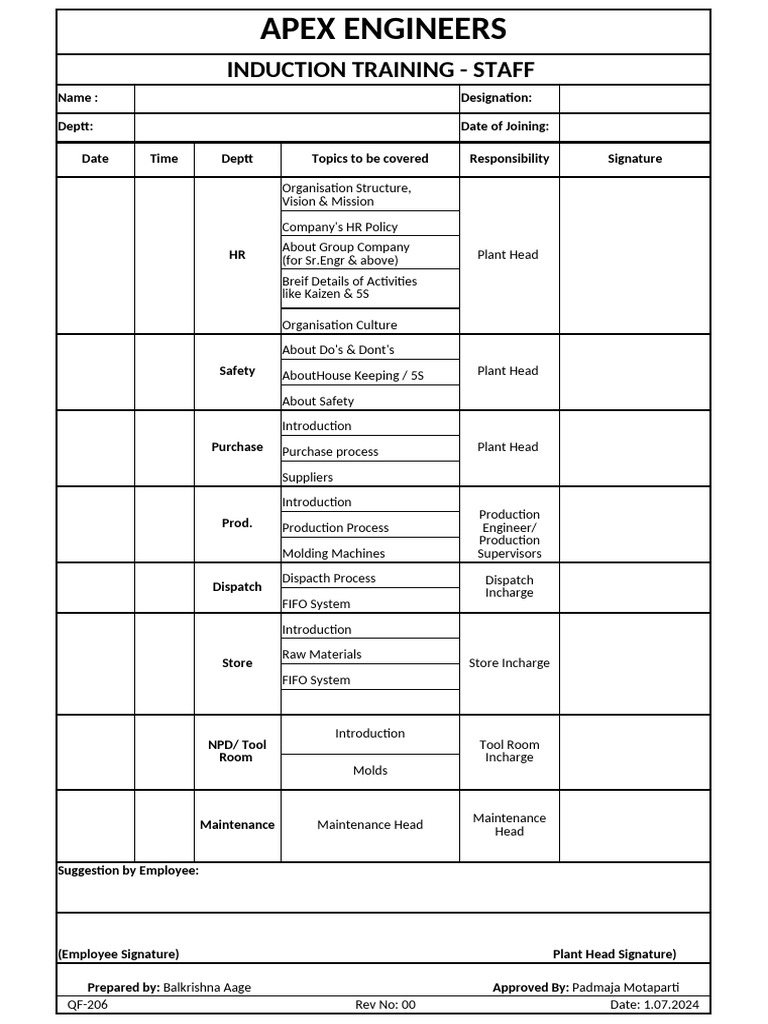 Induction Training Overview for Staff | PDF | Production And ...