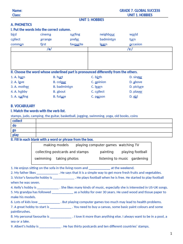 Grade 7 Hobbies Unit Study Guide | PDF | Hobbies | Vegetables