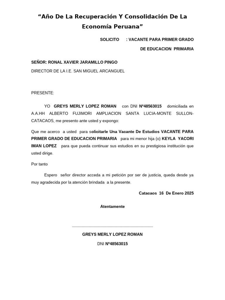 Solicitud de Vacante en Educación Primaria | PDF