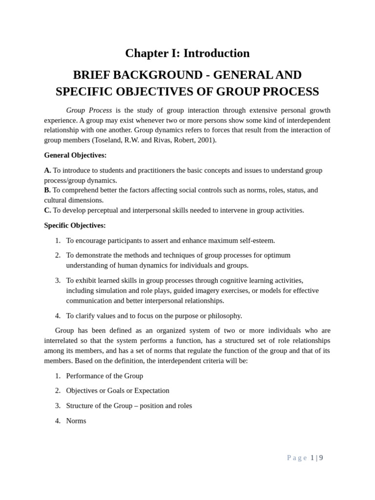 Chapter I General and Specific Objectives of Group Process 1 | PDF ...