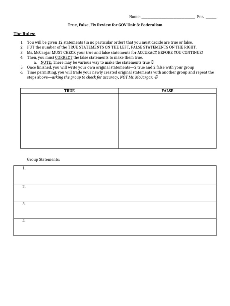 Federalism True/False Review Guide | PDF | Federal Government Of The ...