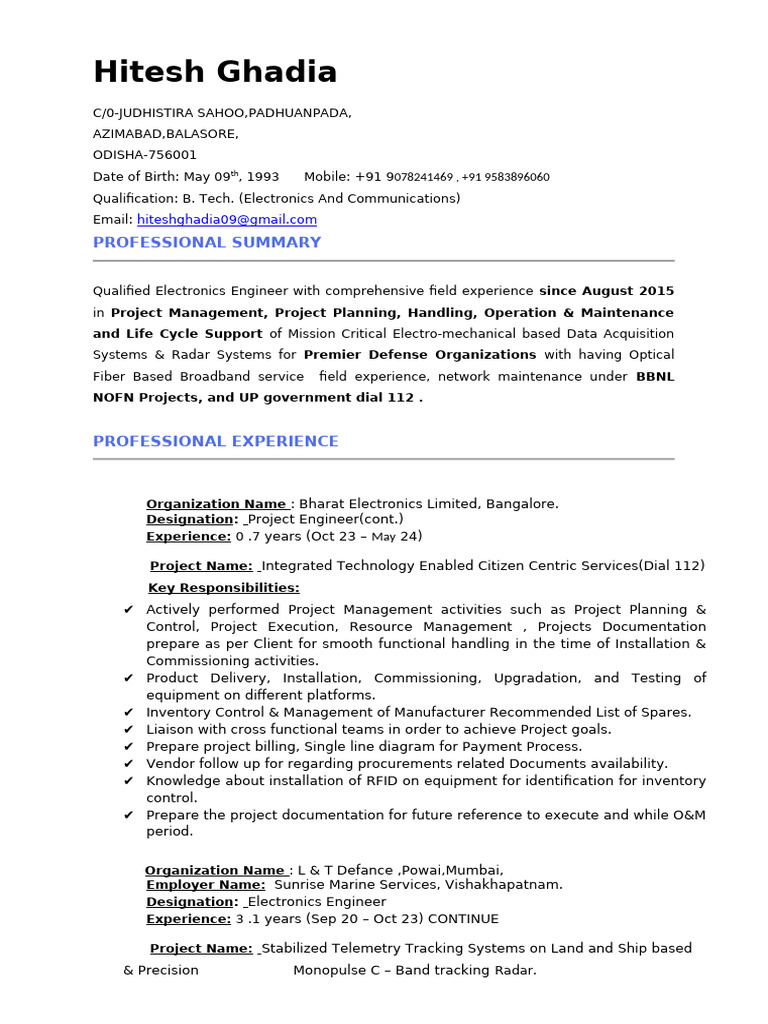 Hitesh Ghadia: Electronics Engineer Profile | PDF | Optical Fiber ...