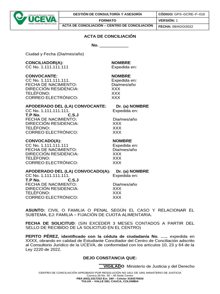 Acta de Conciliación Audiencia Presencial | PDF | Justicia | Crimen y ...