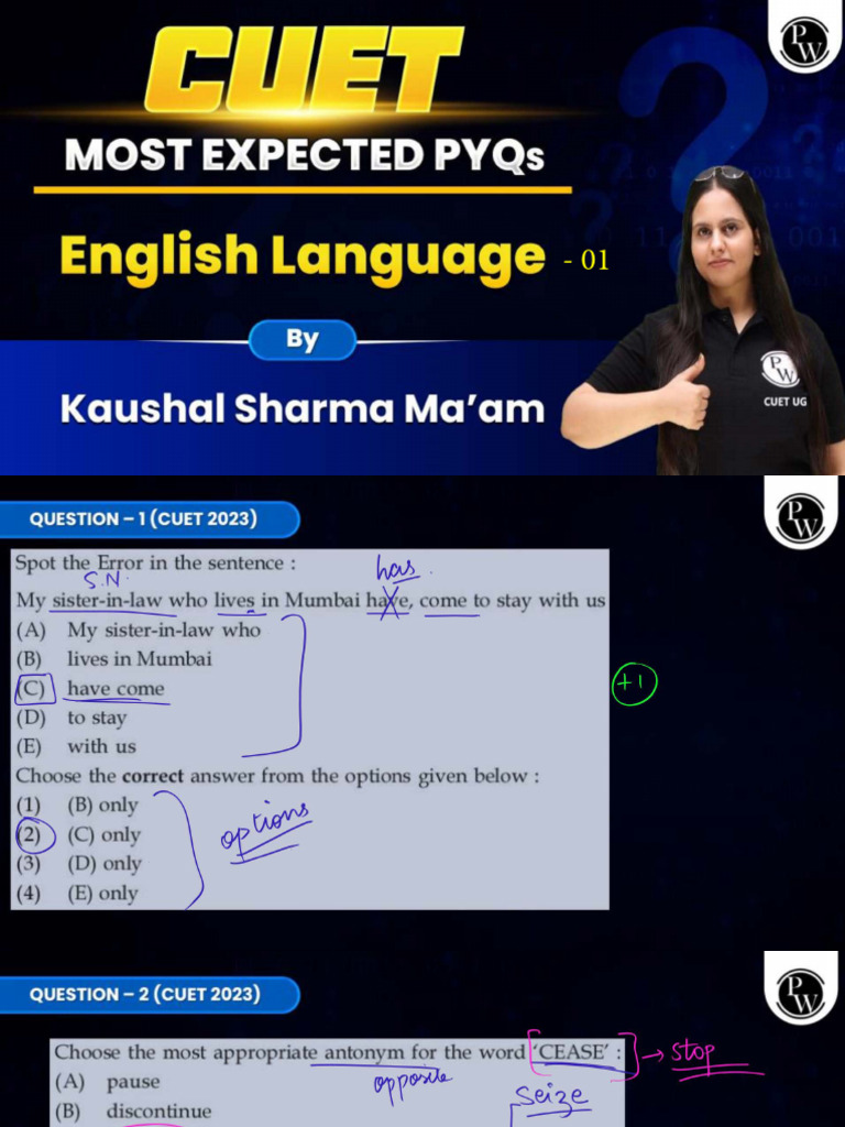 English 01 - Class Notes - CUET Most Expected PYQs | PDF