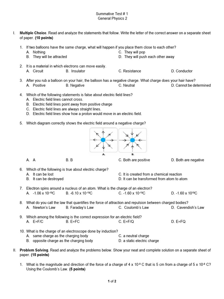 General Physics 2 Summative Test 1 | PDF | Electric Charge | Electric Field