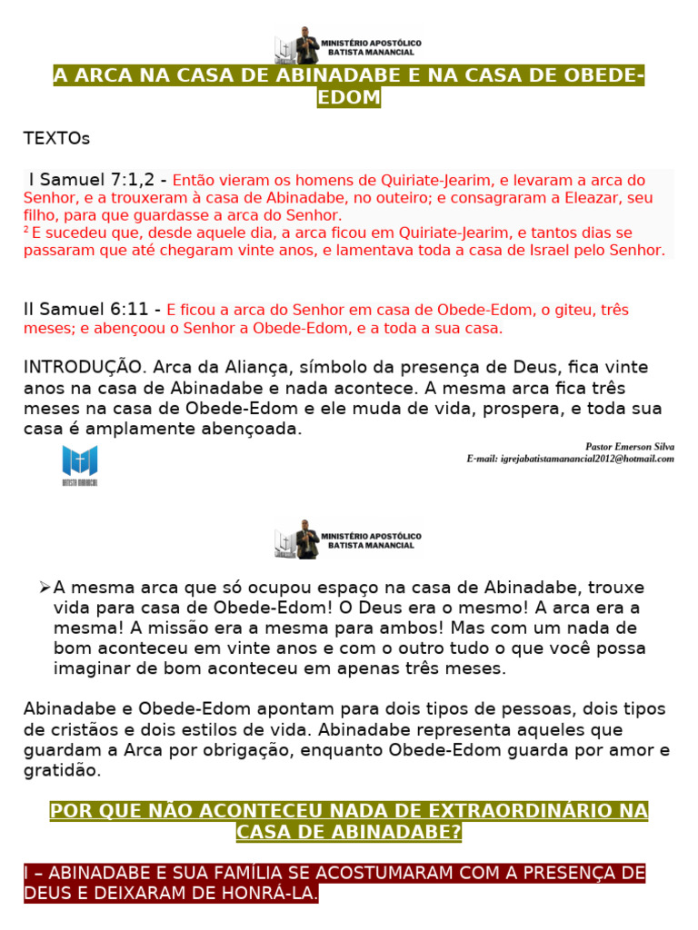 A Arca Na Casa de Abinadabe e Na Casa de Obede-Edom | PDF | Arca da ...