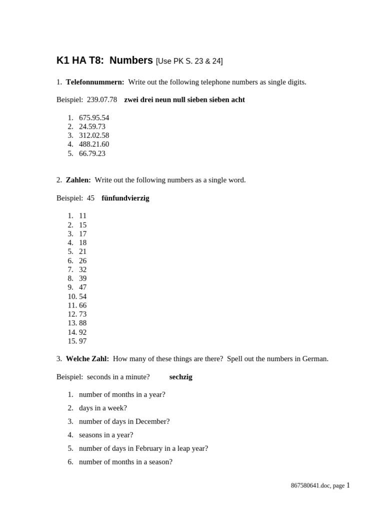 K1 HA T8: Numbers: Telefonnummern: Zwei Drei Neun Null Sieben Sieben ...