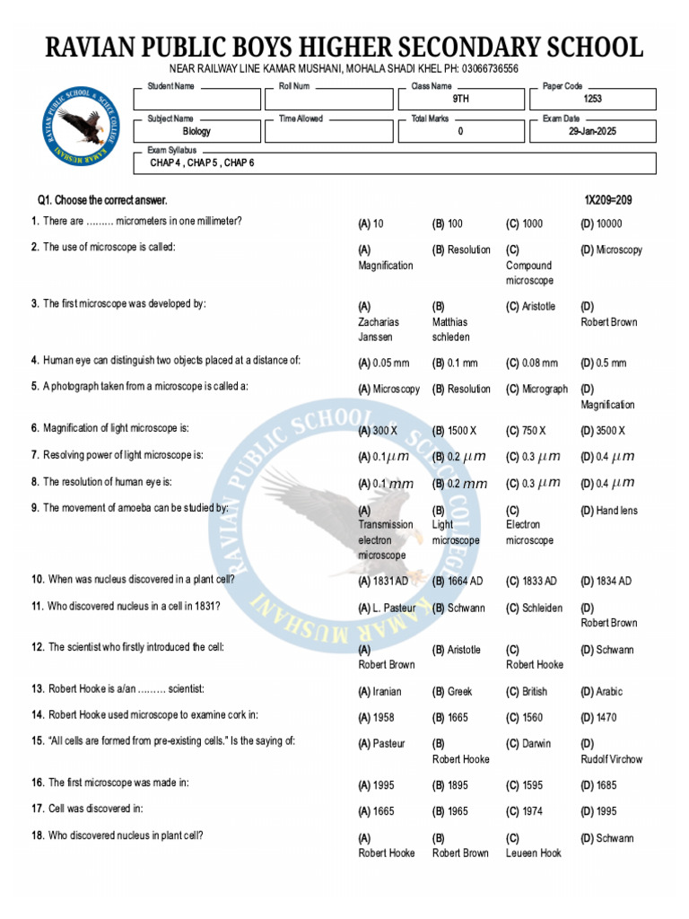 Biology Exam Questions for 9th Grade | PDF | Mitosis | Meiosis