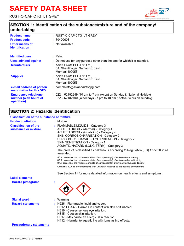 RUST-O-CAP CTG LT GREY Safety Data Sheet | PDF | Toxicity ...