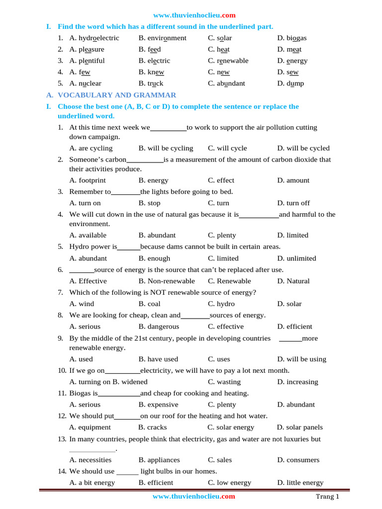Thuvienhoclieu.com Bai Tap Tieng Anh 7 Bai 10 | PDF | Energy ...