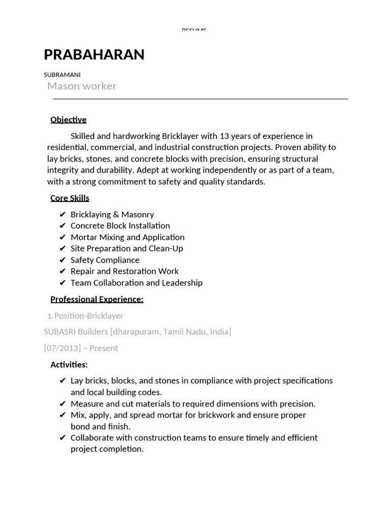 Experienced Bricklayer Resume | PDF