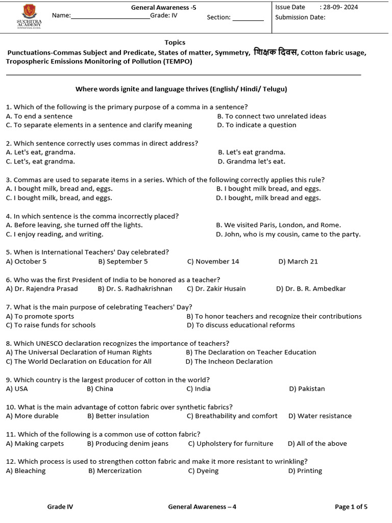 2024-25 Grade IV General Awareness - 5 September Month | PDF | Liquids ...