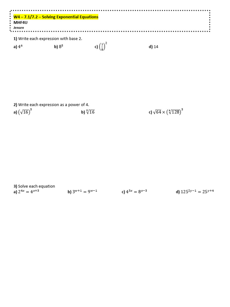 Hw4s++7 1+and+7 2+Solving+Exponential+Equations | PDF | Quadratic ...