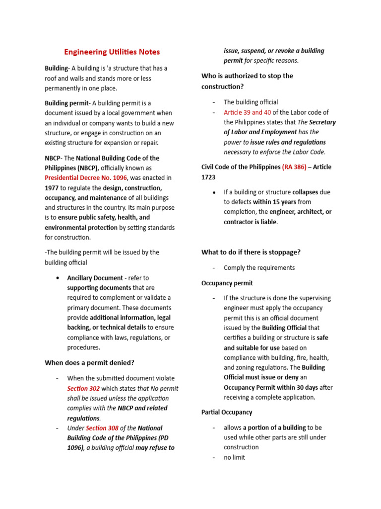 Engineering Utilities Notes (Jowee) | PDF | Building | Labour Law