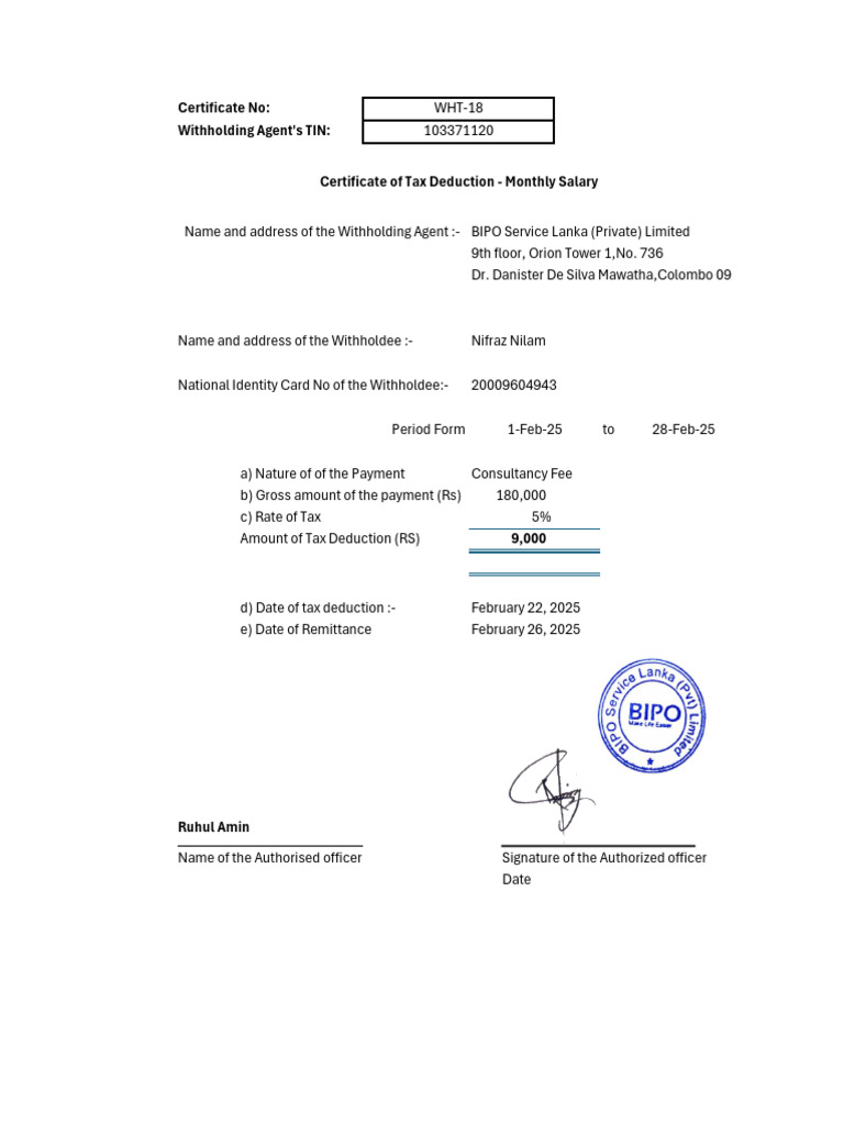 Monthly Salary Tax Deduction Certificate | PDF