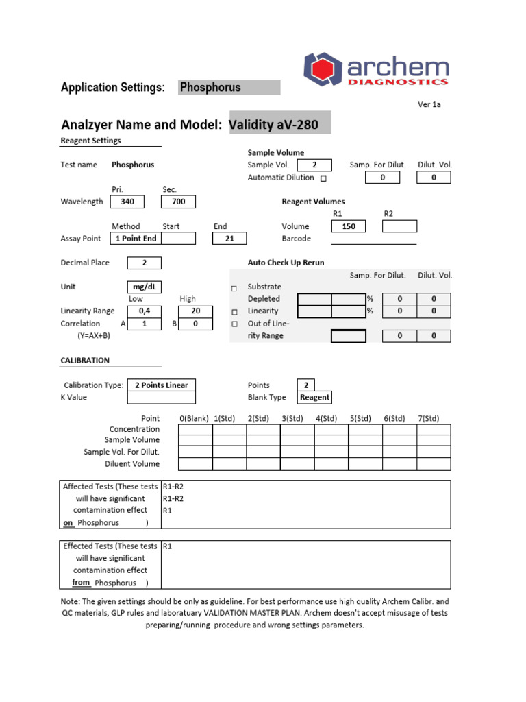Phosphorus Archem Validity Av-280 Application Parameters Ver 1a | PDF