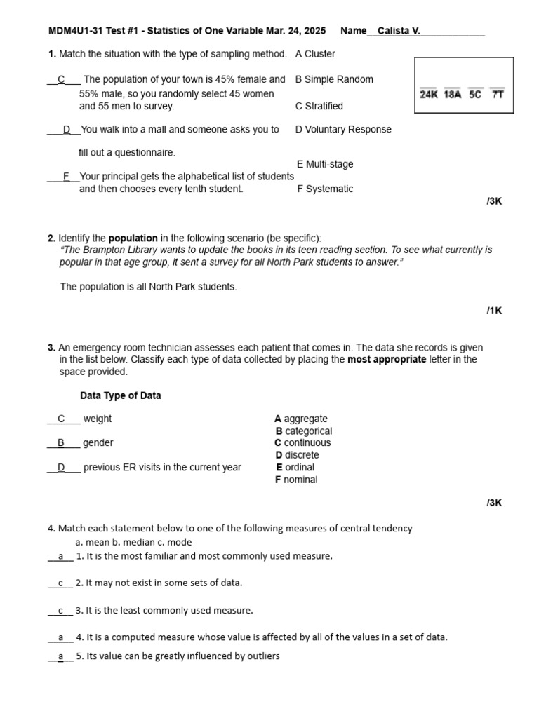 One-Variable Statistics Test Analysis | PDF | Standard Deviation | Mean