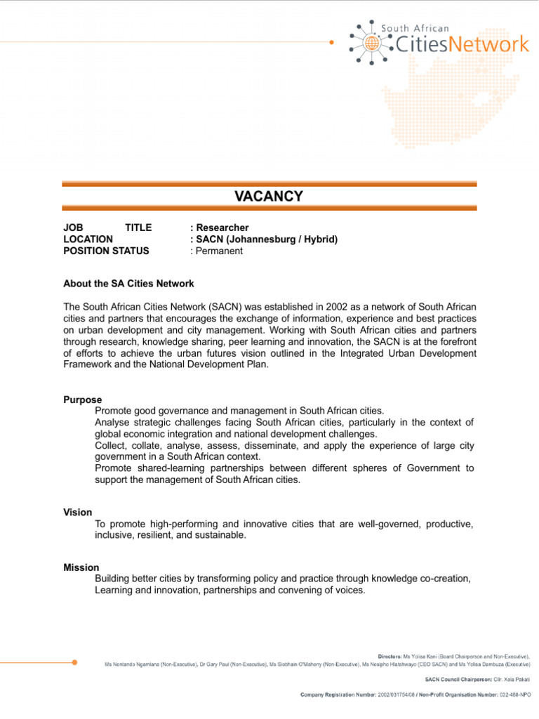 Researcher Vacancy at SACN, Johannesburg | PDF | Governance | Strategic ...