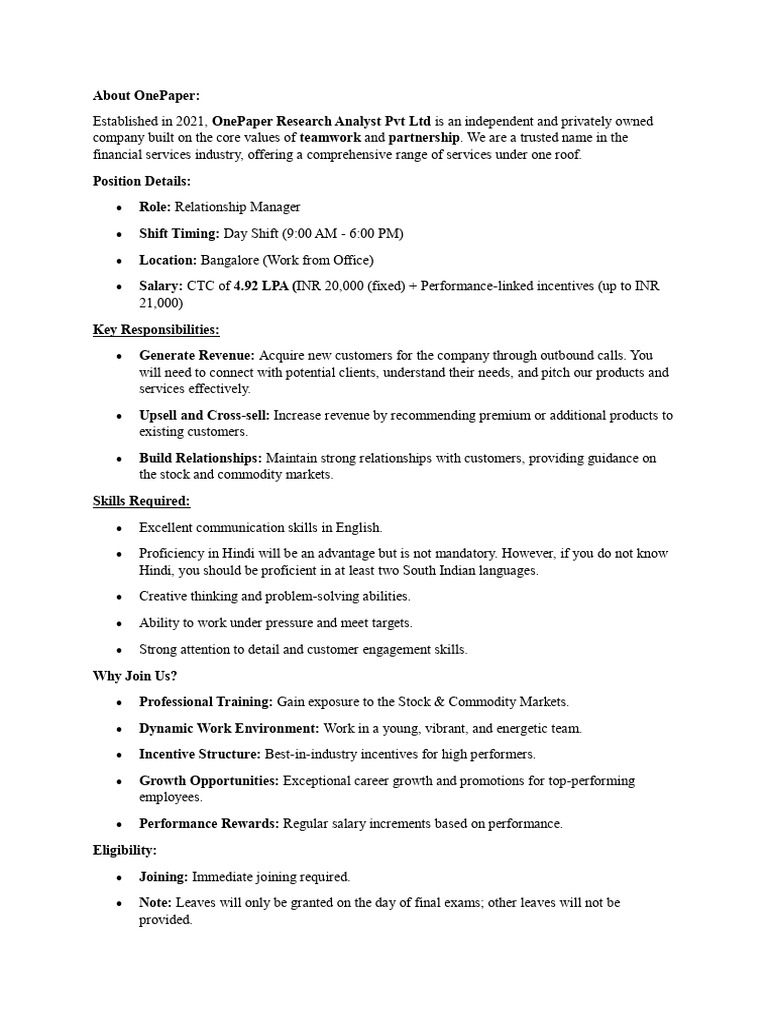 OnePaper Bangalore: Relationship Manager Role | PDF