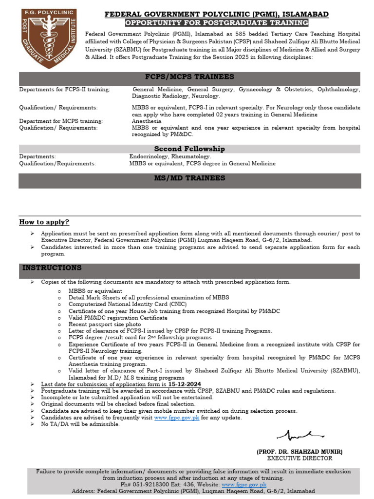 PGMI Islamabad Postgraduate Training 2025 | PDF | Residency (Medicine ...