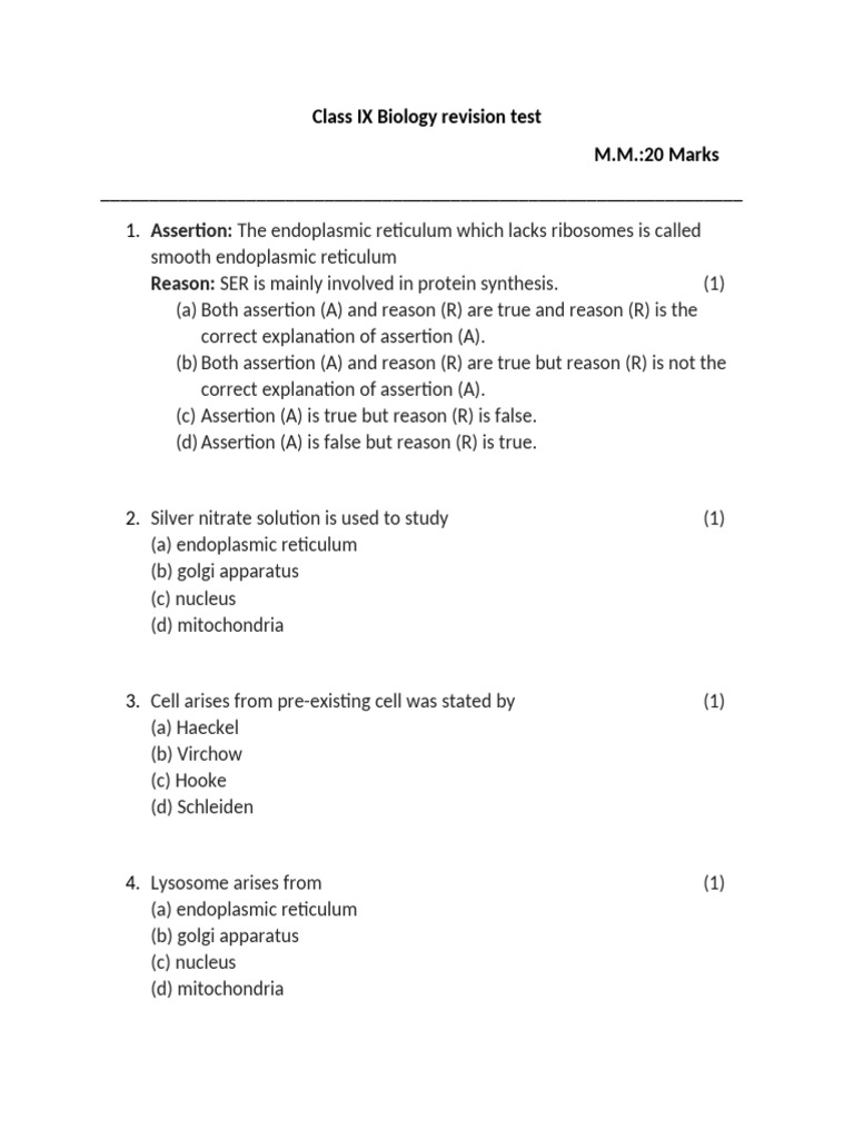 Class IX Biology Revision Test Guide | PDF | Endoplasmic Reticulum ...