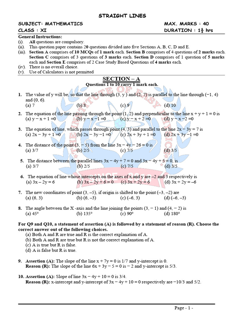 Mathematics Class XI: Straight Lines Exam | PDF | Triangle | Geometric ...