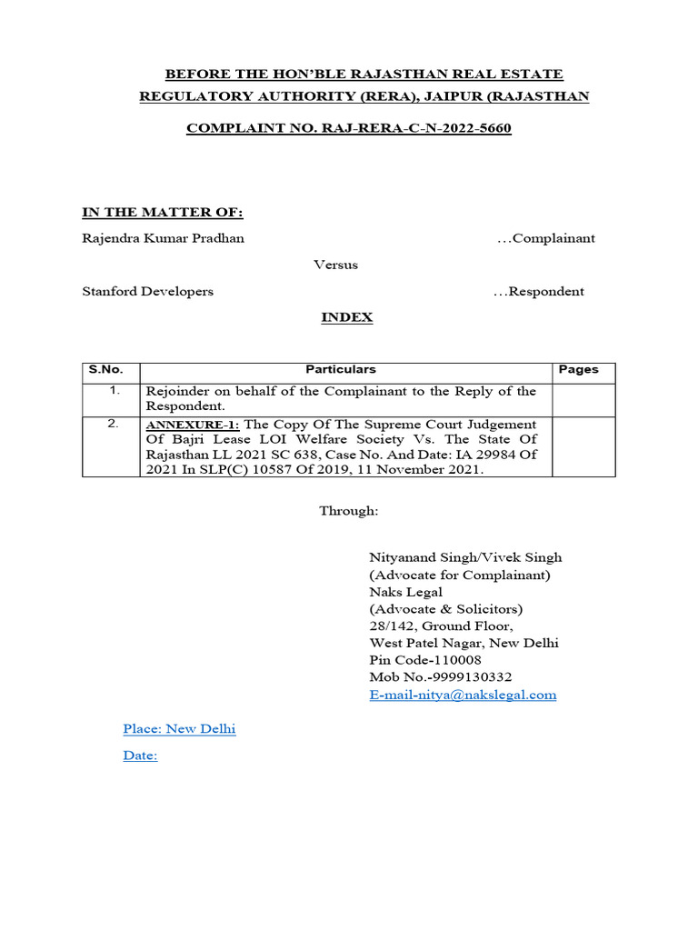 RERA Complaint Rejoinder: Pradhan vs. Stanford | PDF | Mining | Damages