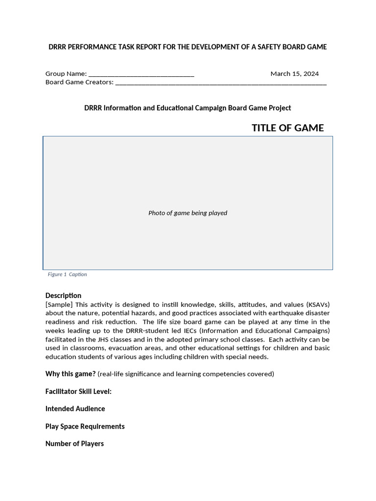 Drrr Performance Task Report for the Development of a Safety Board Game ...