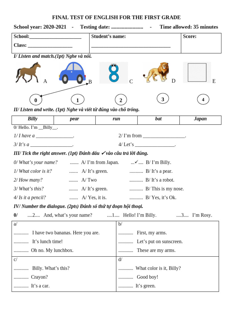 First Grade English Final Test 2021 | PDF