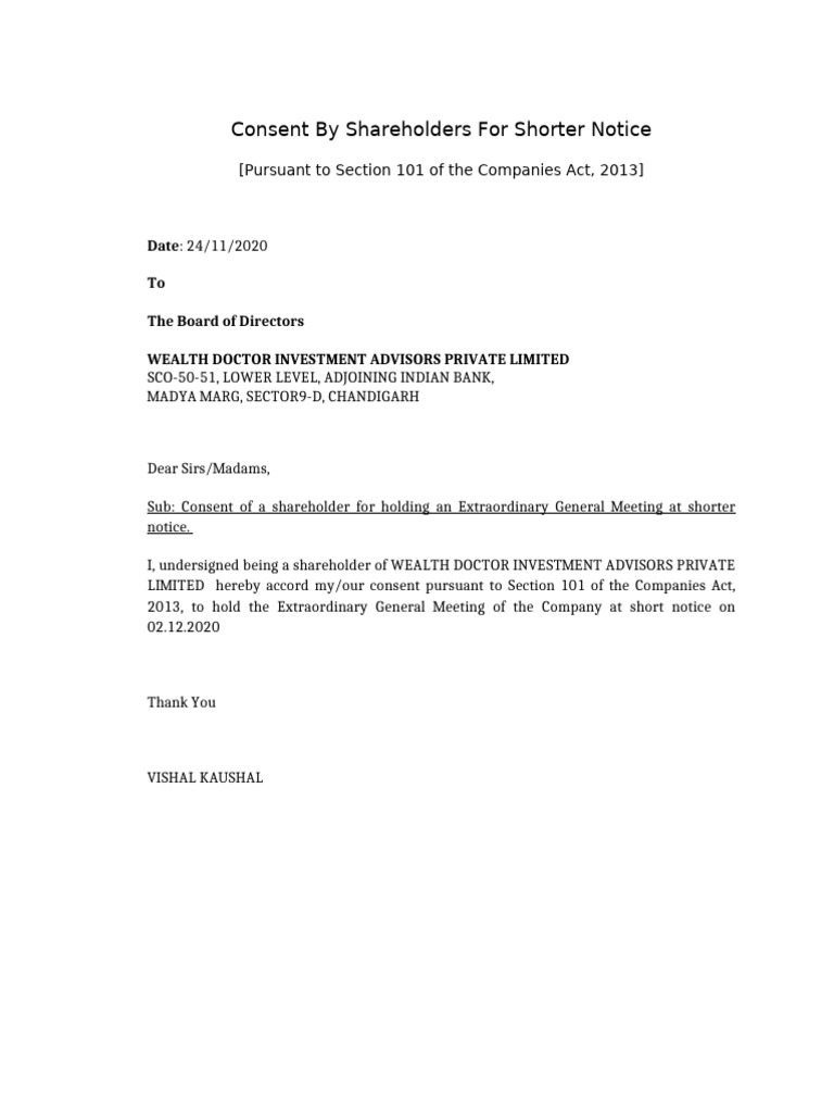 Shorter Notice Consent for EGM | PDF