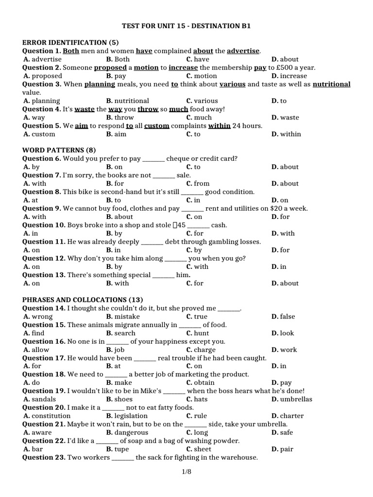 Unit 15 Test: Destination B1 | PDF