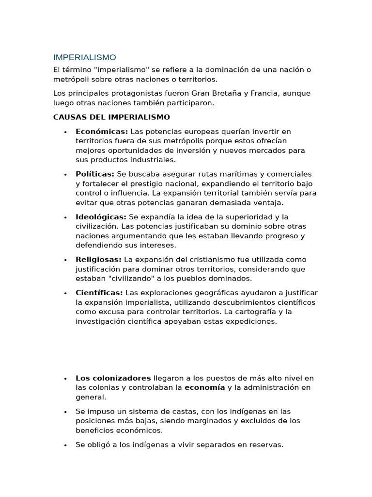 Causas y Consecuencias del Imperialismo | PDF | Colonialismo | Imperialismo