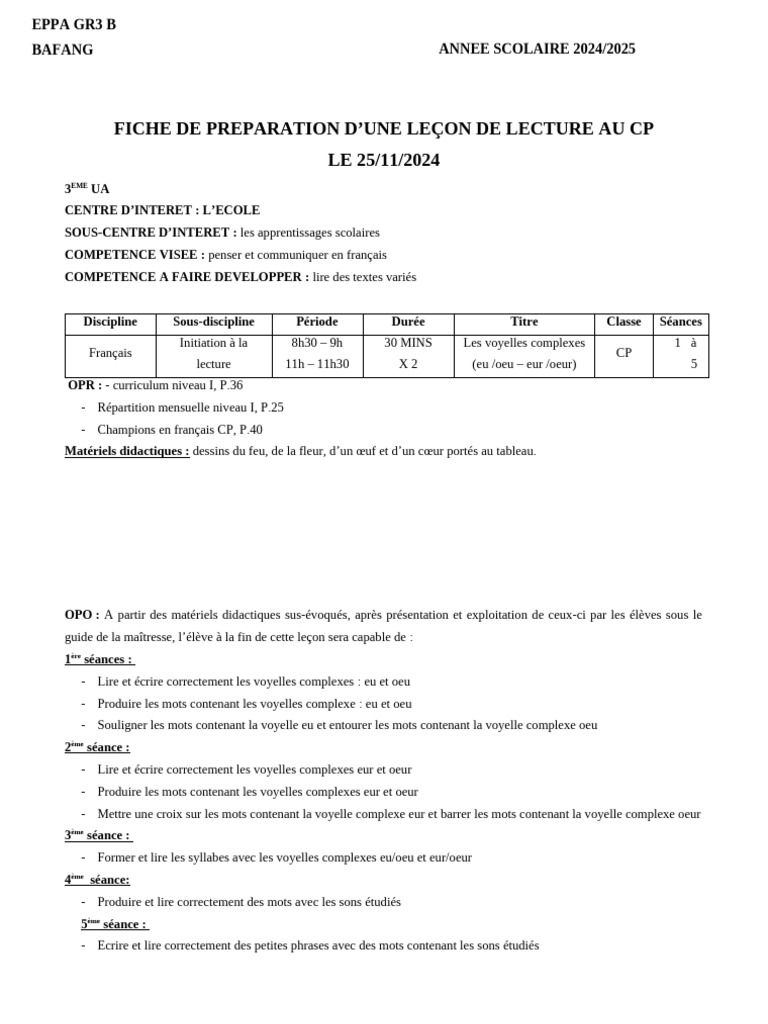 Leçon de lecture : voyelles complexes CP | PDF | Écriture | Syllabe