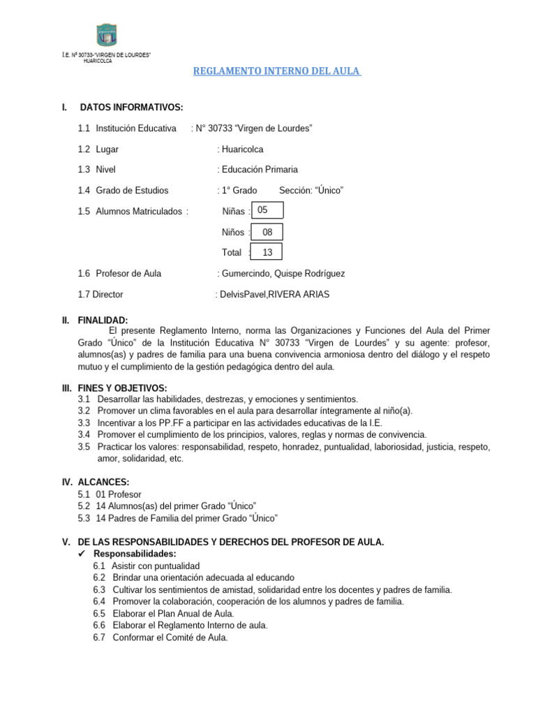 Reglamento Interno Del Aula 6° | PDF | Salón de clases | Maestros