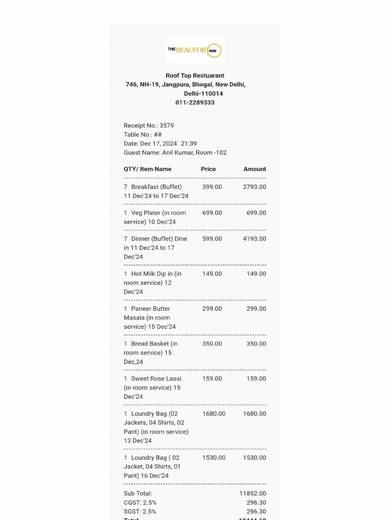 Restaurant Bill (Freeforonline - Com) | PDF